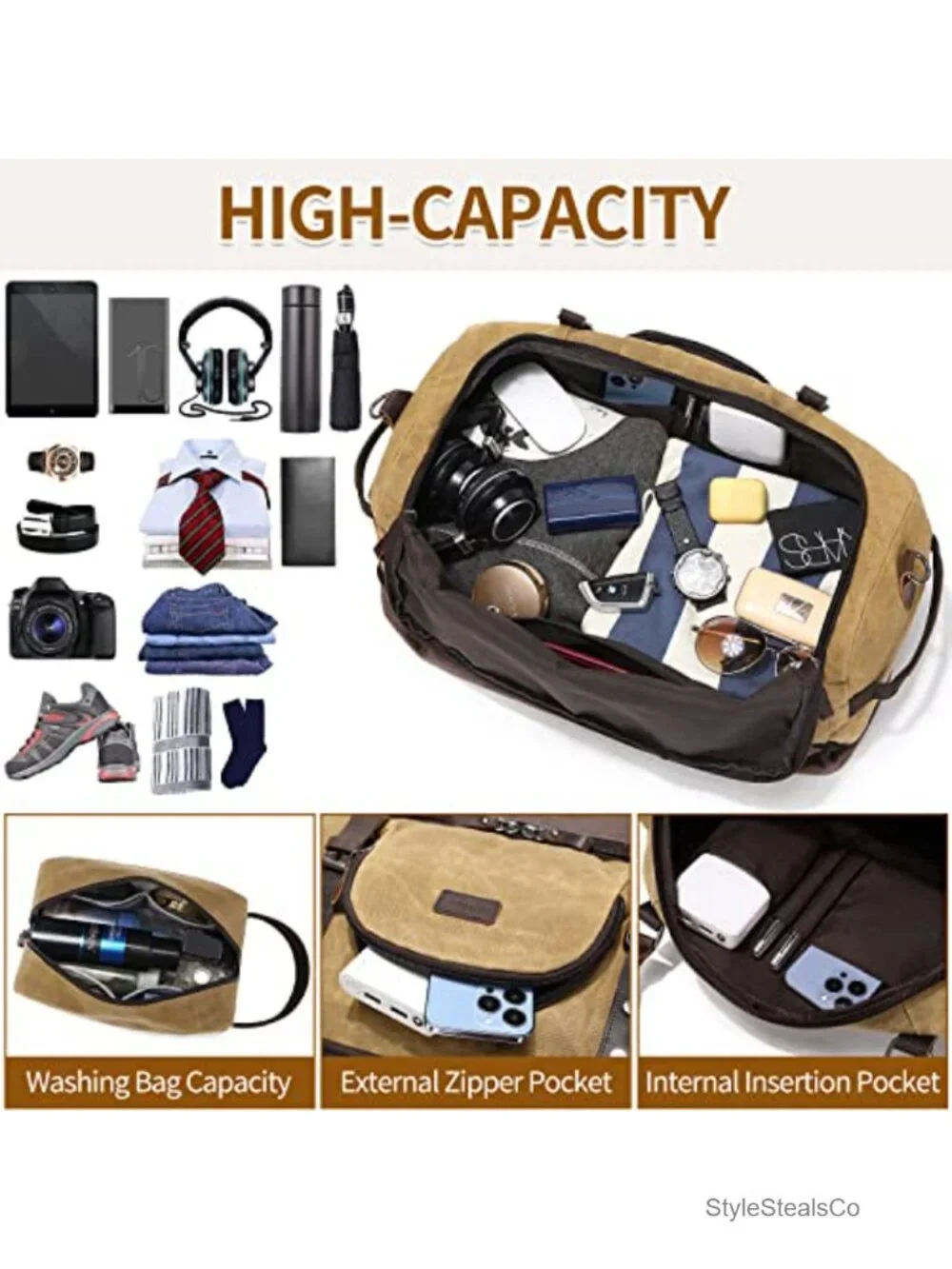 Weekender Bag with Shoe Compartment Canvas Genuine Leather Travel Duffel